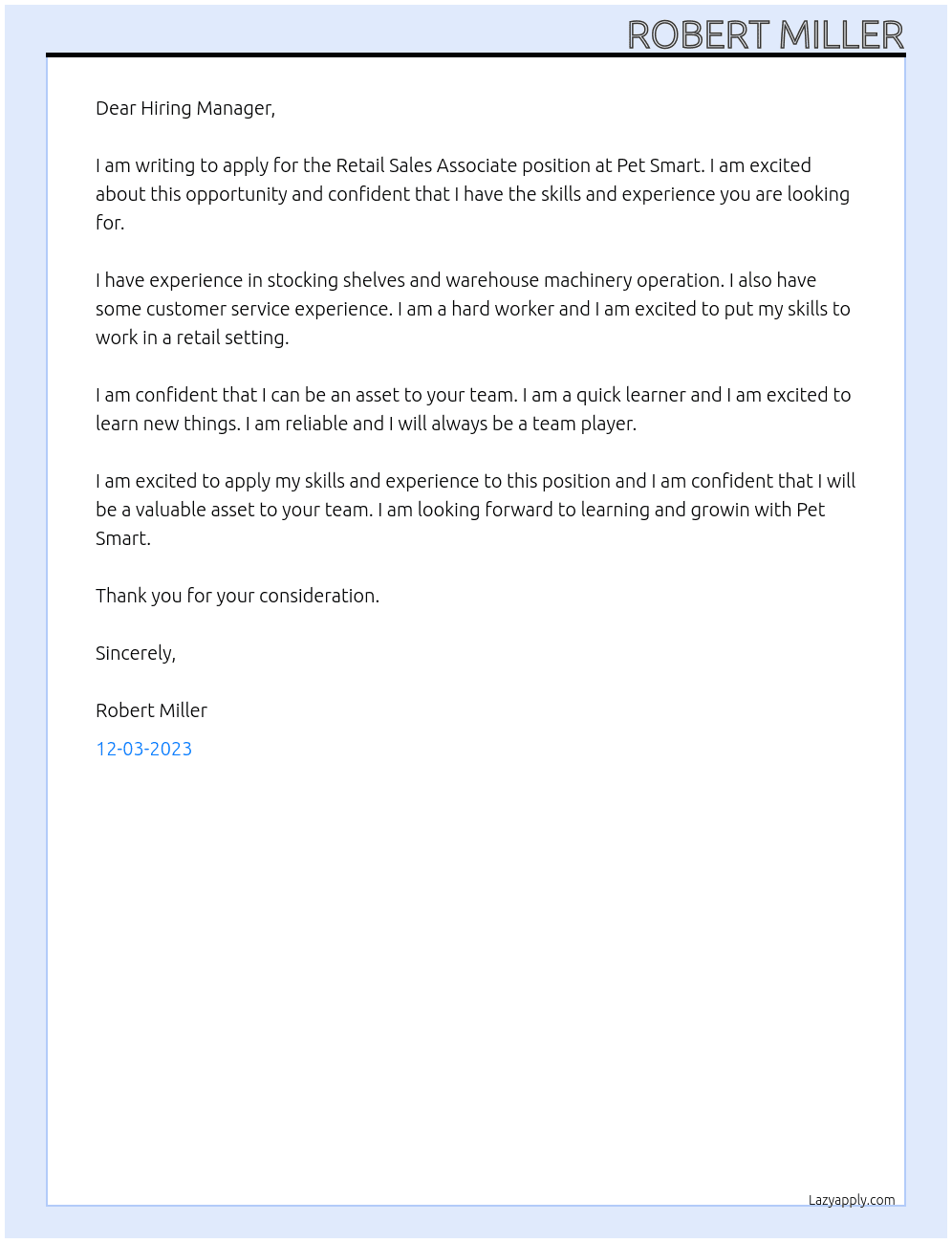 Retail Sales Associate At Pet Smart Cover Letter