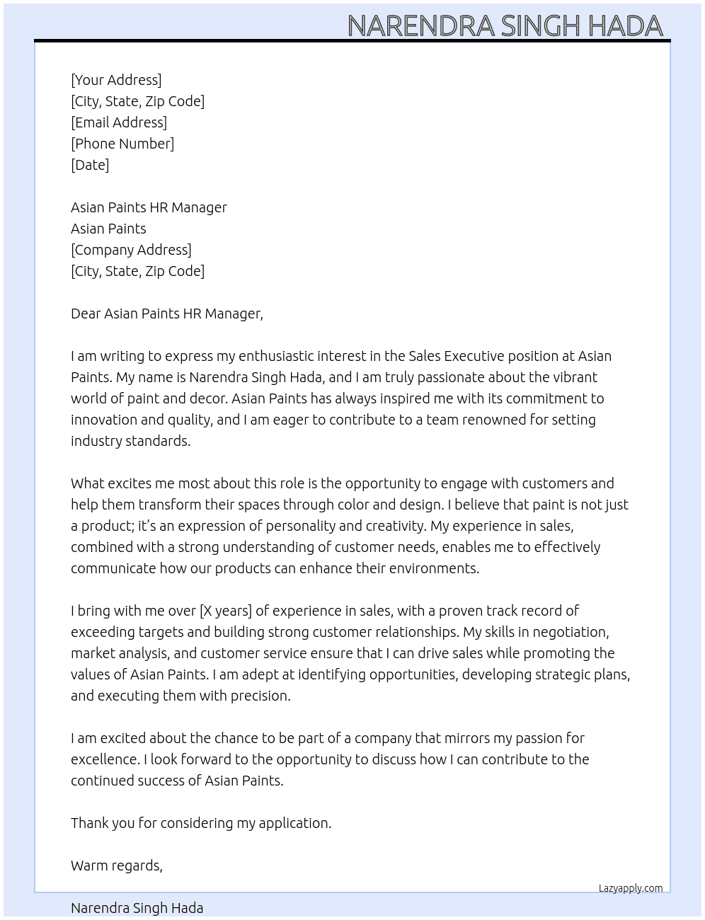 SALES EXECUTIVE  At ASIAN PAINTS  Cover Letter