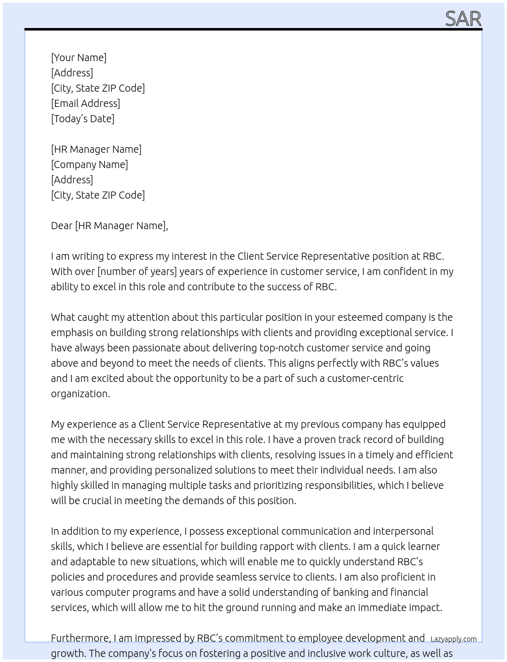  Client Service Representative At RBC Cover Letter