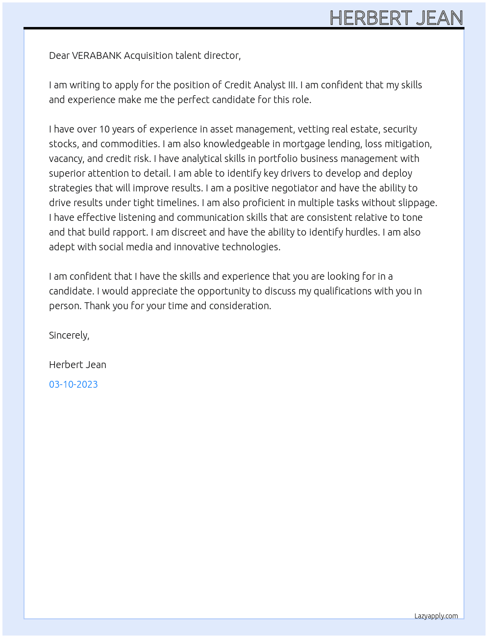 Credit Analyst III At VERABANK Cover Letter