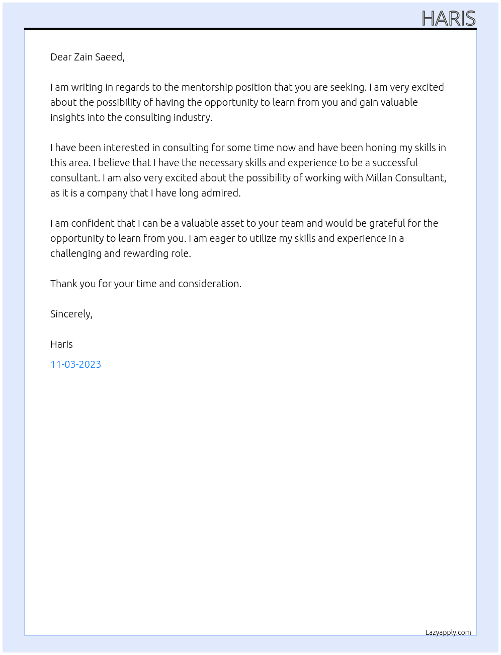 Seeking Mentorship  At Millan Consultant  Cover Letter