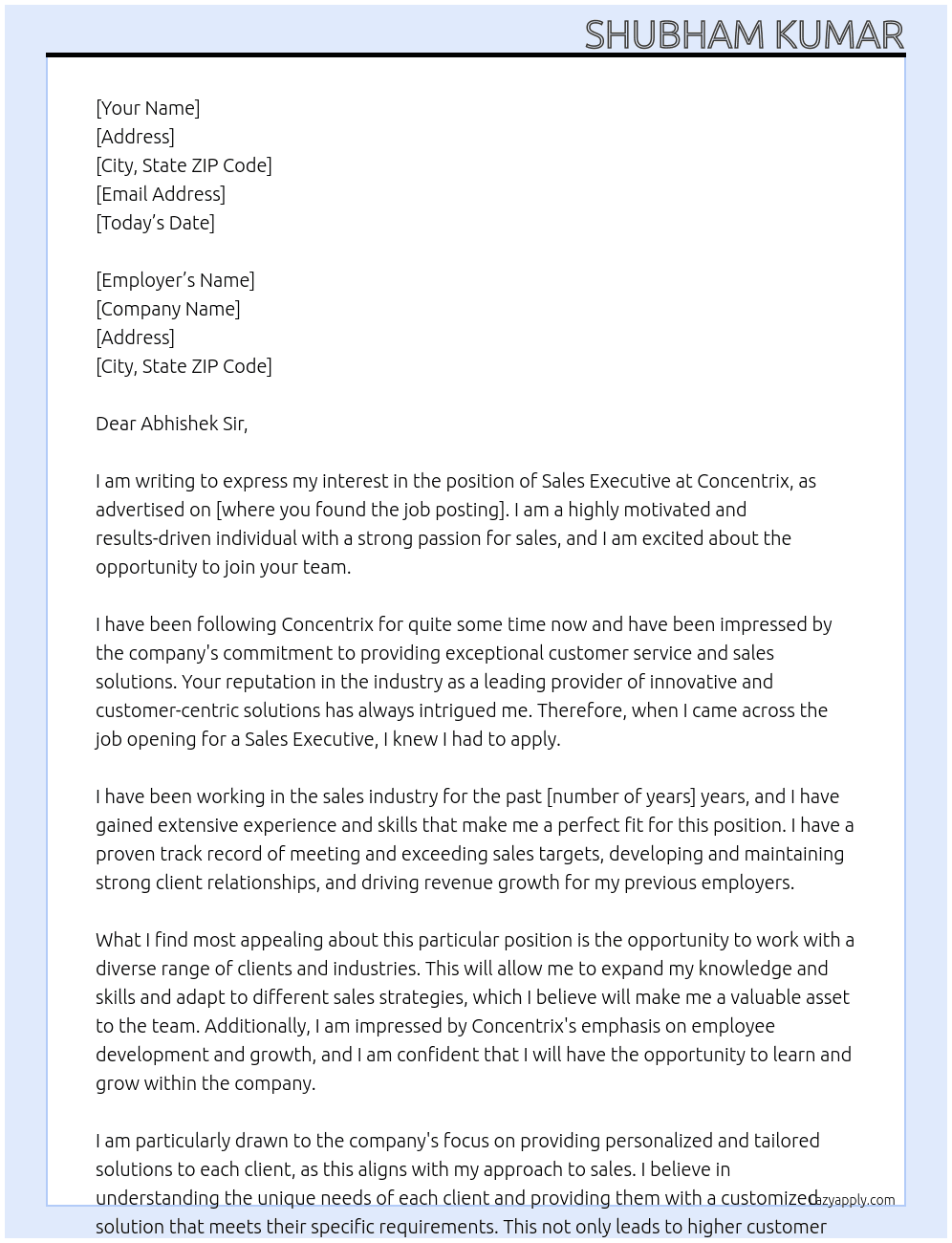 Sells executive At Concentrix Cover Letter