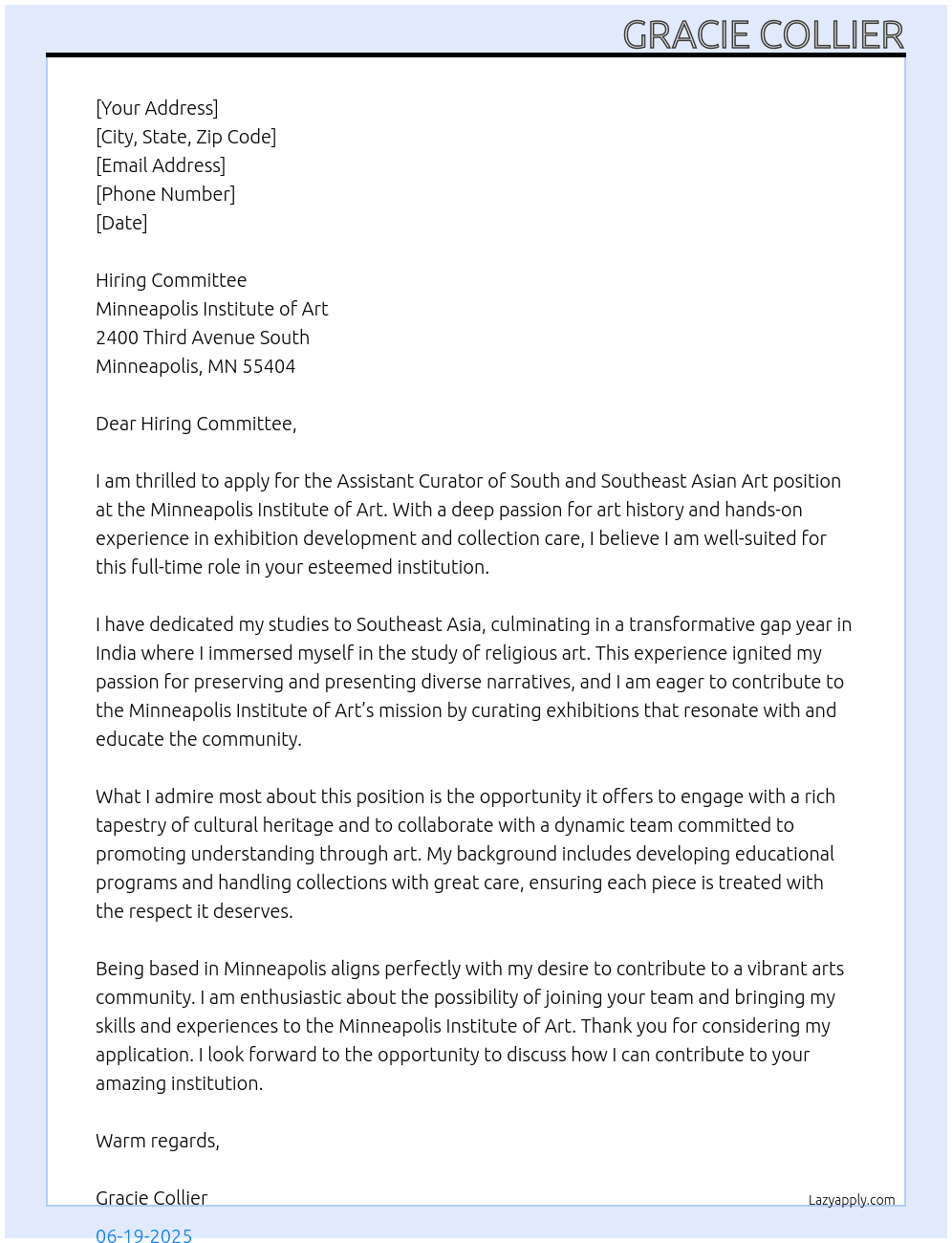Assistant Curator of South and Southeast Asian Art At Minneapolis Institute of Art Cover Letter