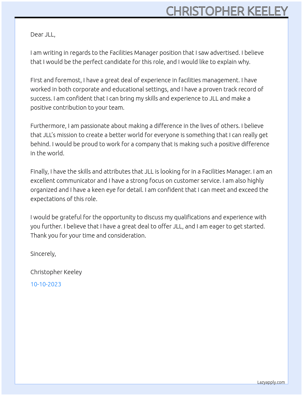 Facilities Manager At JLL Cover Letter