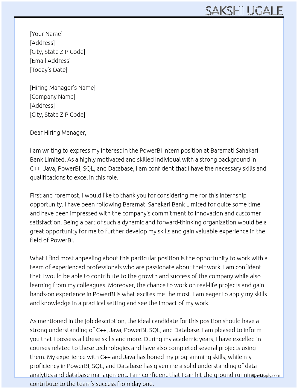 Cover letter for powerbi intern - LazyApply