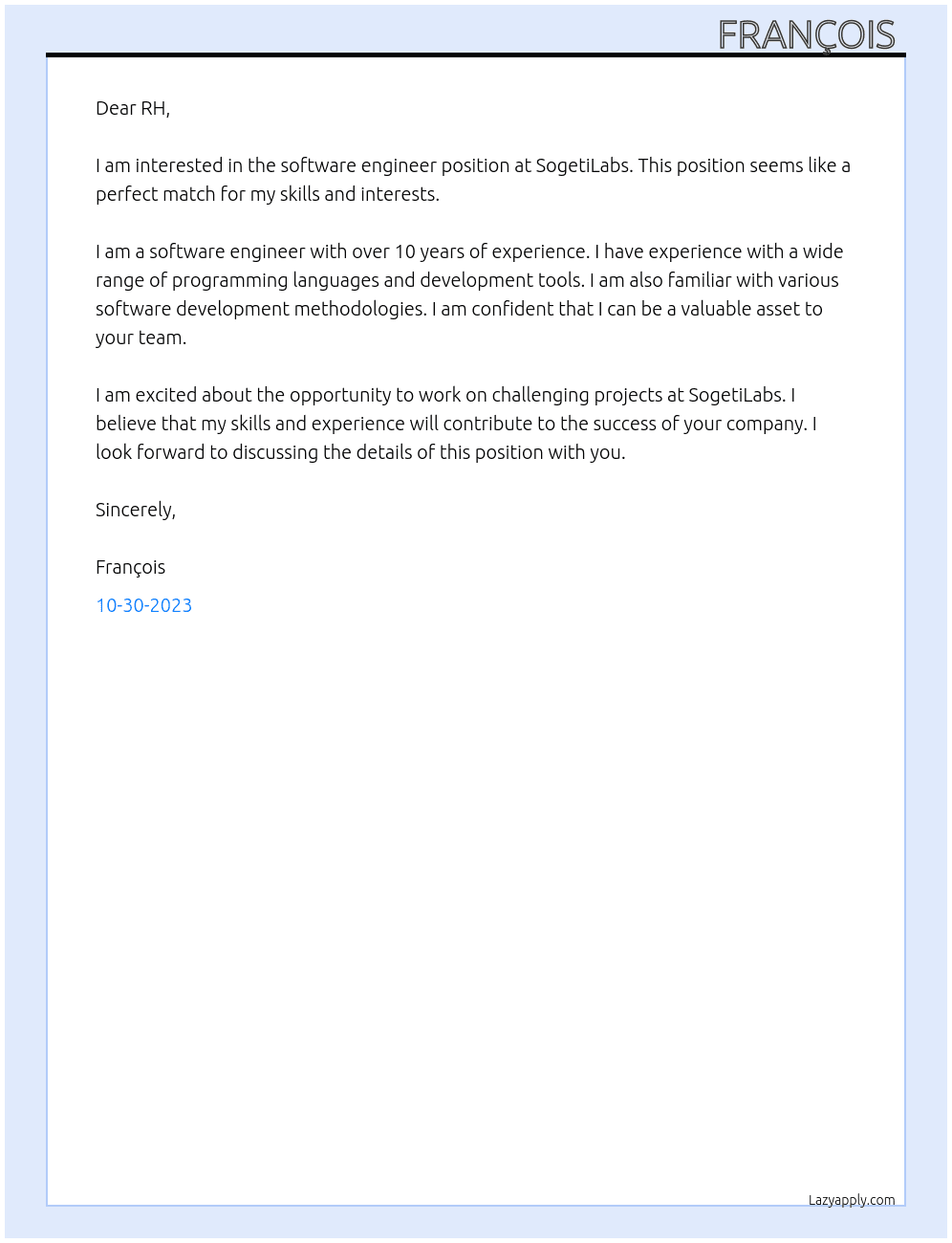 software engineer At SogetiLabs Cover Letter