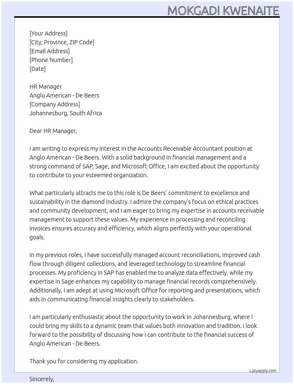 Accounts receivable accountant  At Anglo American - DE beers Cover Letter