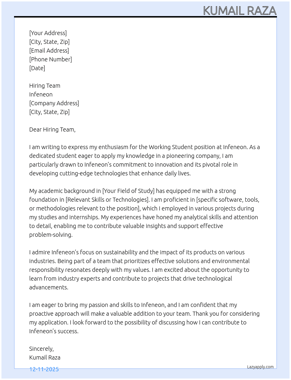 Working Student At Infeneon Cover Letter
