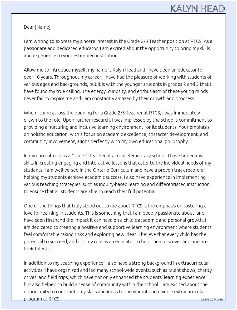 Grade 2/3 Teacher At RTCS Cover Letter