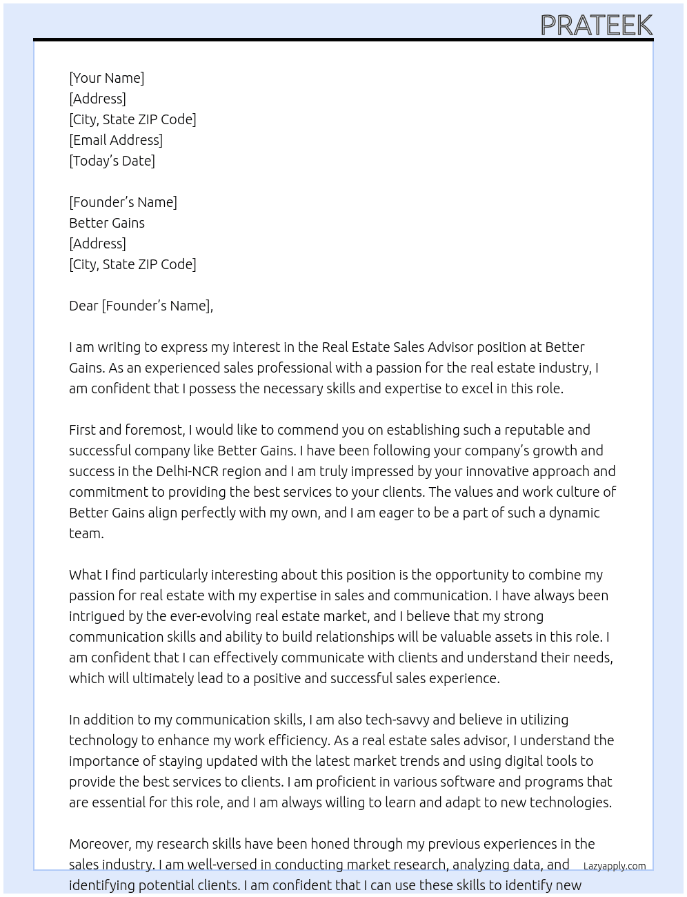 Real estate sales advisor At Better Gains Cover Letter