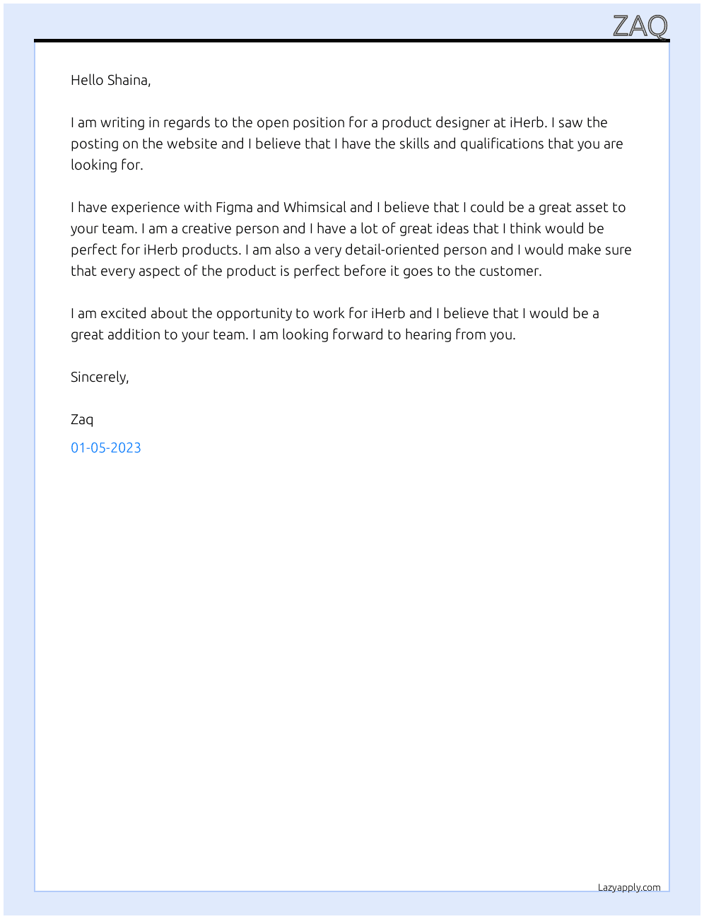 product designer At iHerb Cover Letter