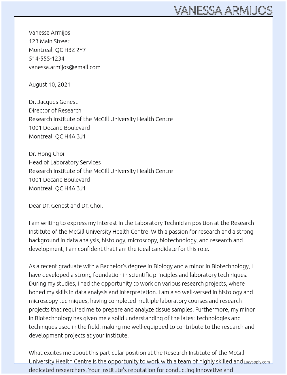  Laboratory Technician - (Research Institute) At Research Institute of the McGill University Health Centre Cover Letter