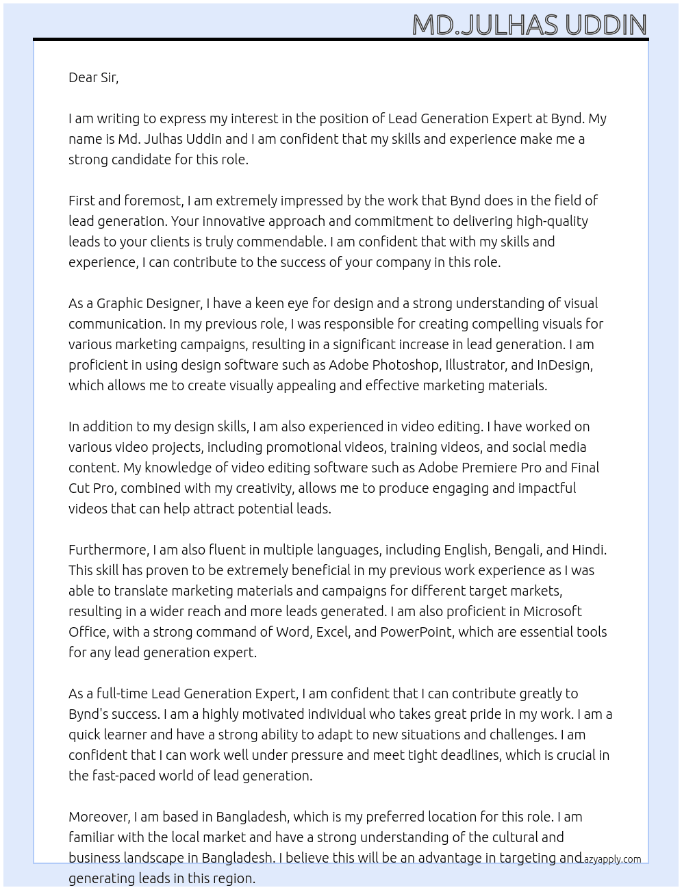 Lead generate Expart At Bynd Cover Letter