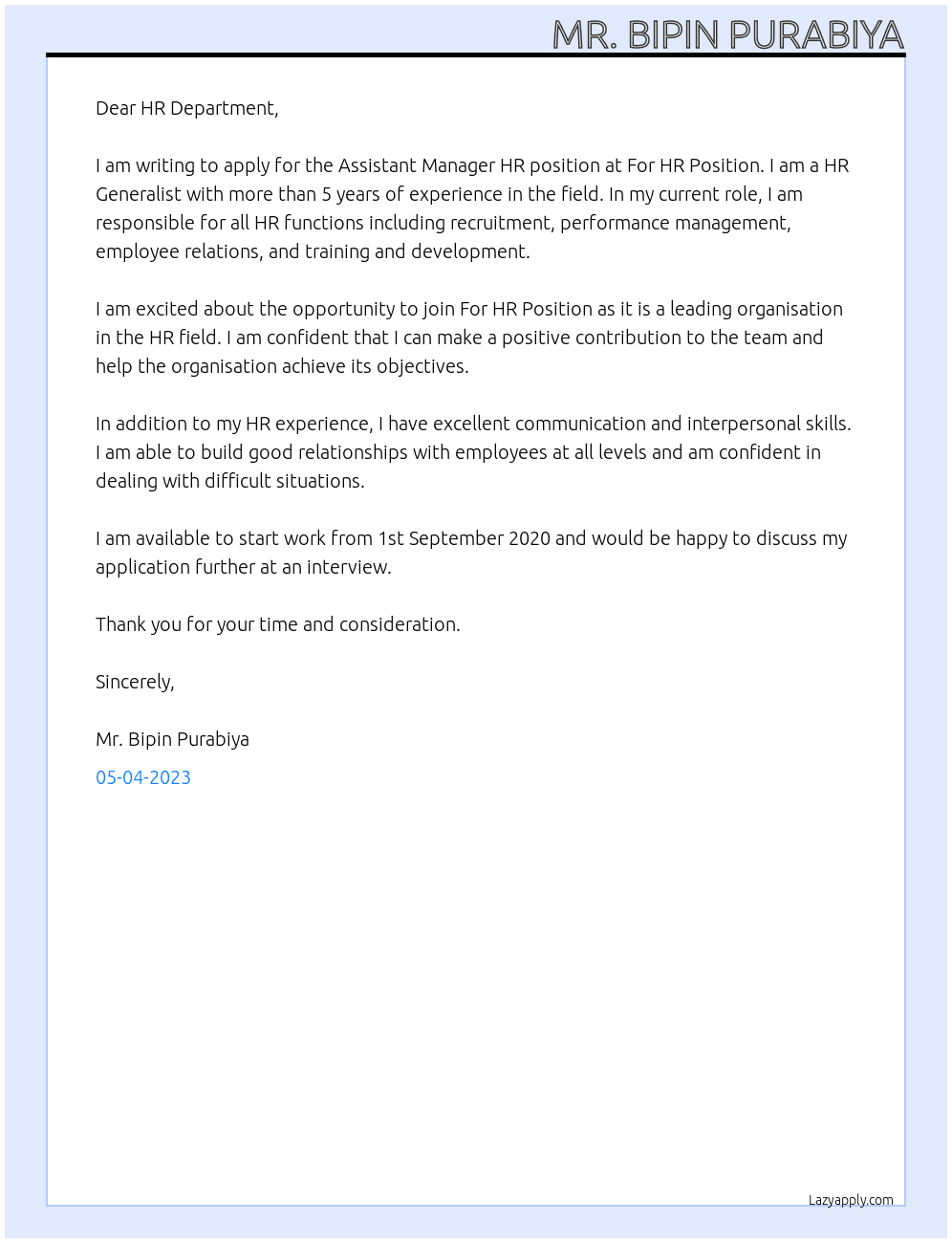 Assistant Manager HR At For HR Position Cover Letter