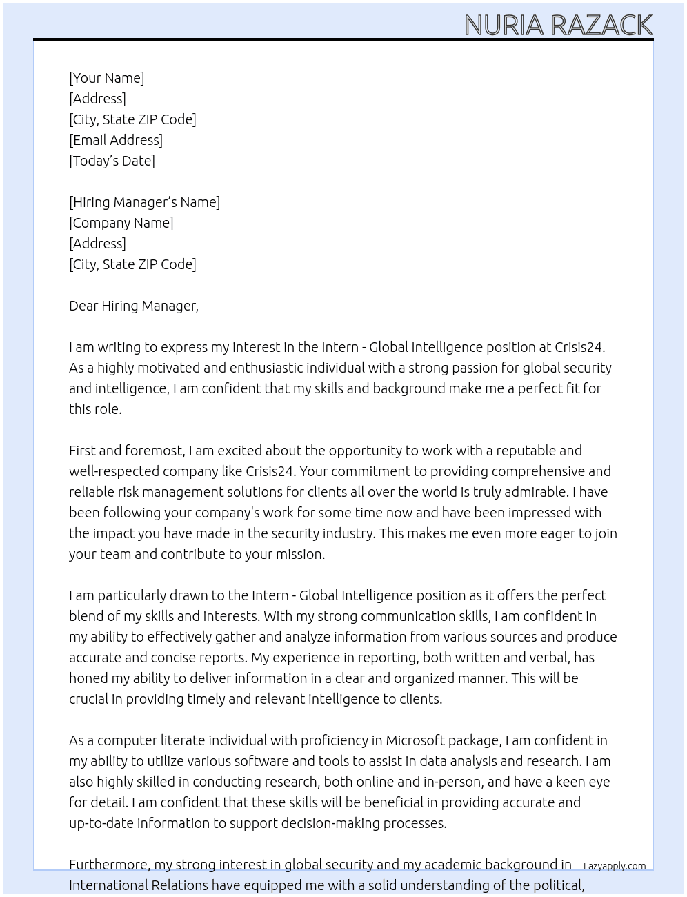 Intern - Global Intelligence At Crisis24 Cover Letter