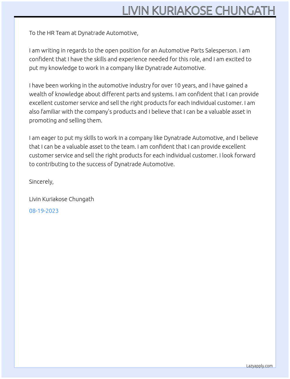 Automotive Parts Sales At Dynatrade Automotive Cover Letter