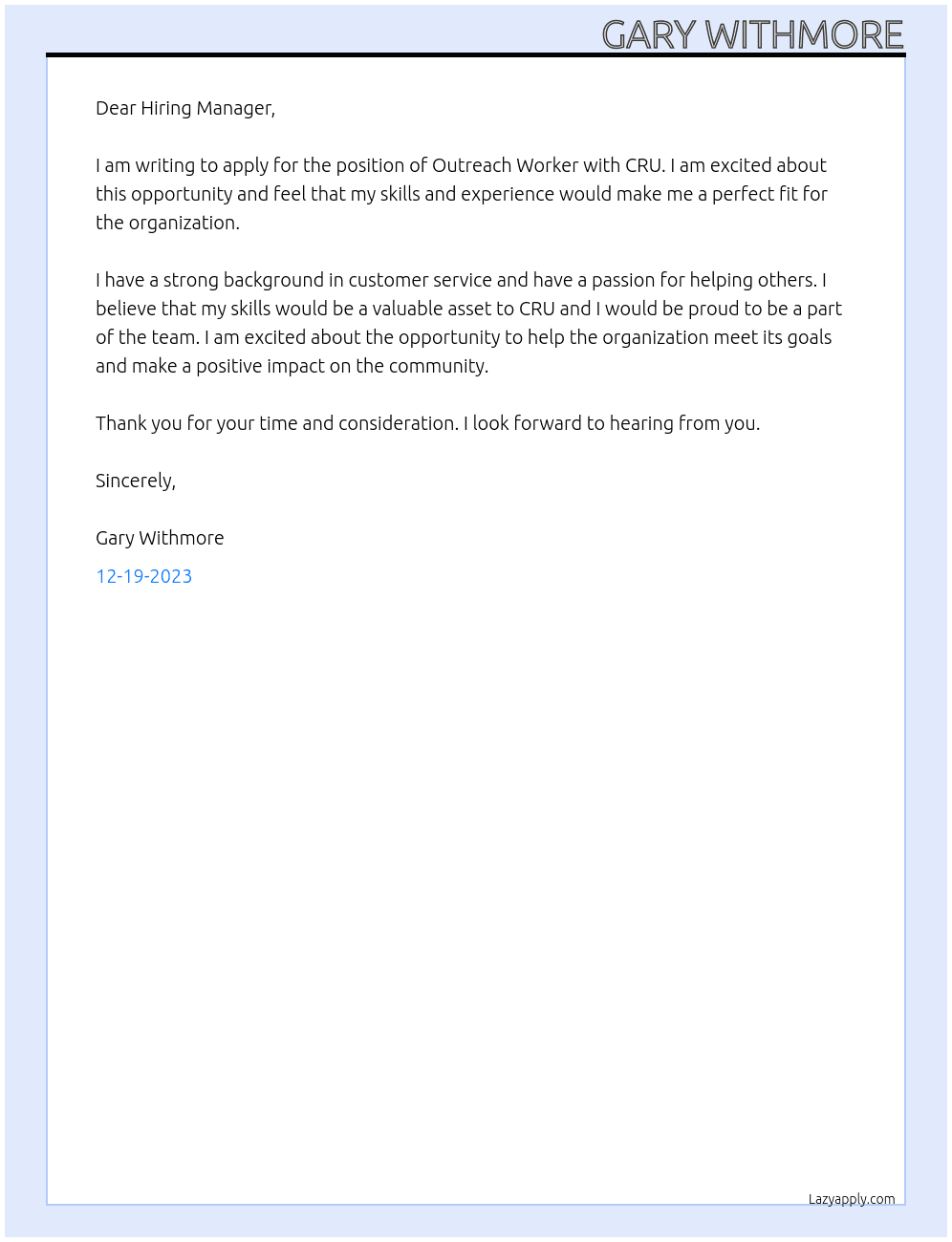 Outreach worker At CRU Cover Letter