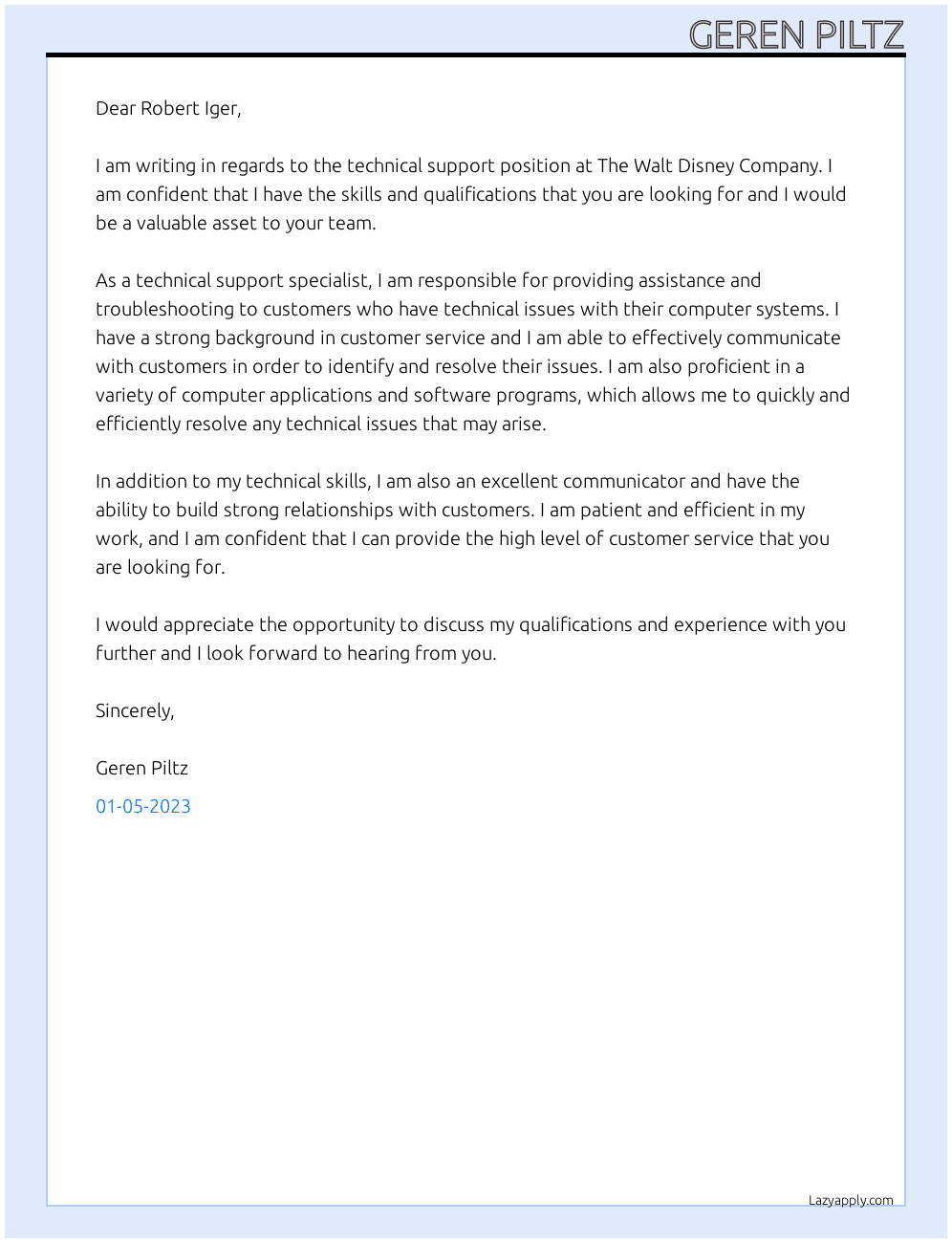 Technical Support At The Walt Disney Company Cover Letter