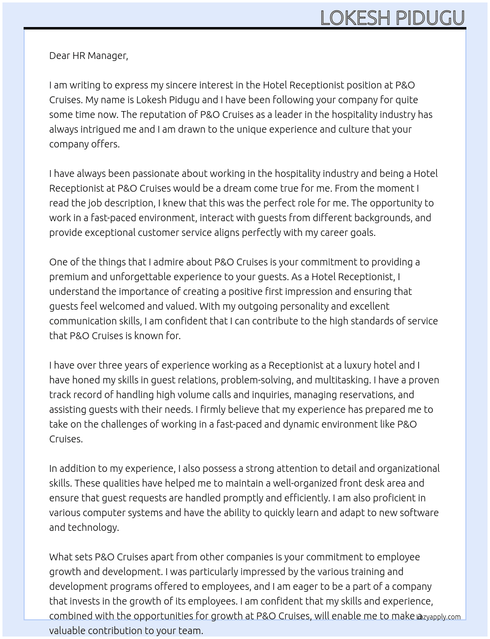 Hotel Receptionist At P&O Cruises Cover Letter