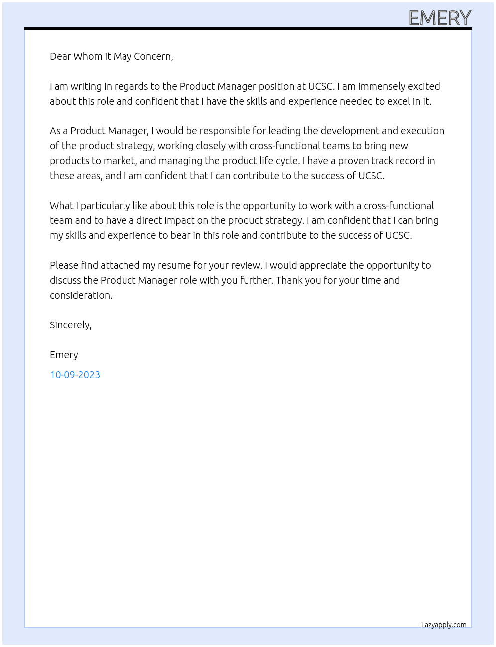 Product Manager At UCSC Cover Letter