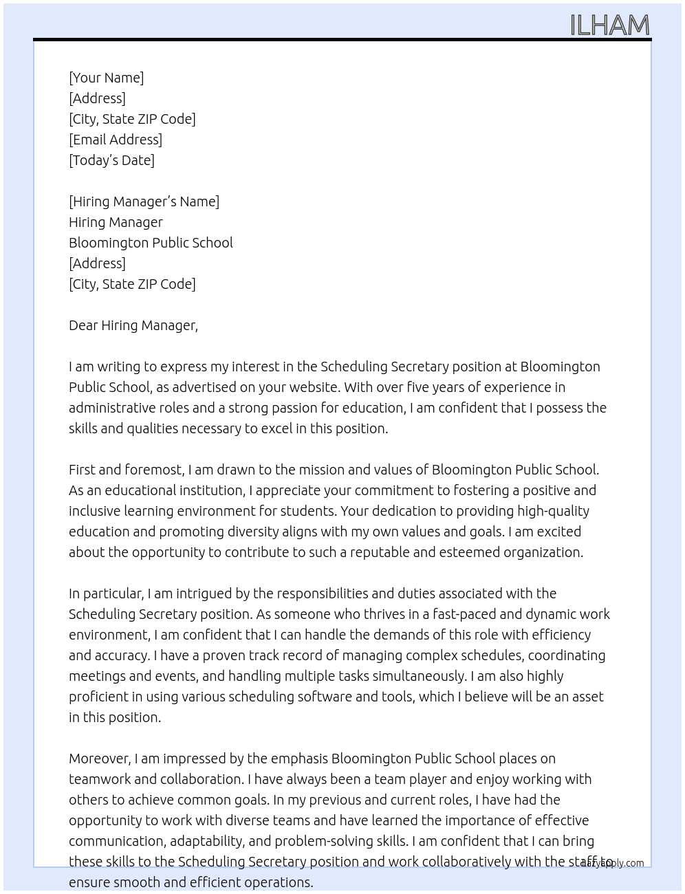scheduling Secretary  At Bloomington Public School Cover Letter
