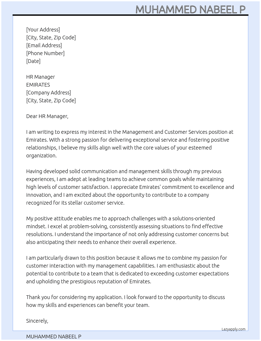 Cover letter for management and customer services - LazyApply