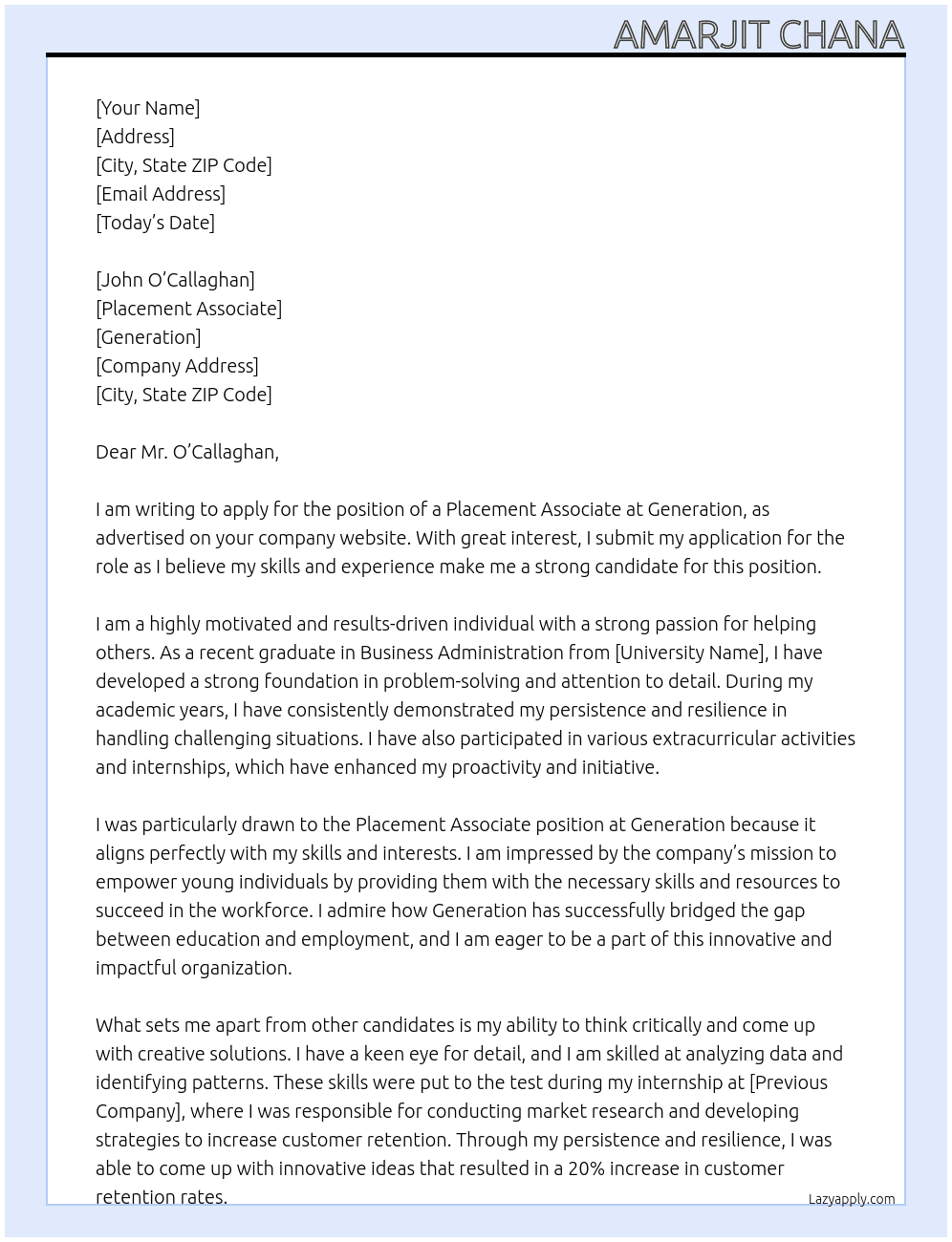 Placement Associate At Generation Cover Letter
