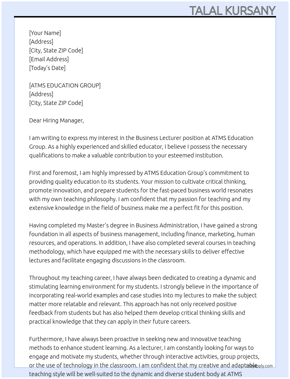 business Lecturer At ATMS EDUCATION GROUP Cover Letter
