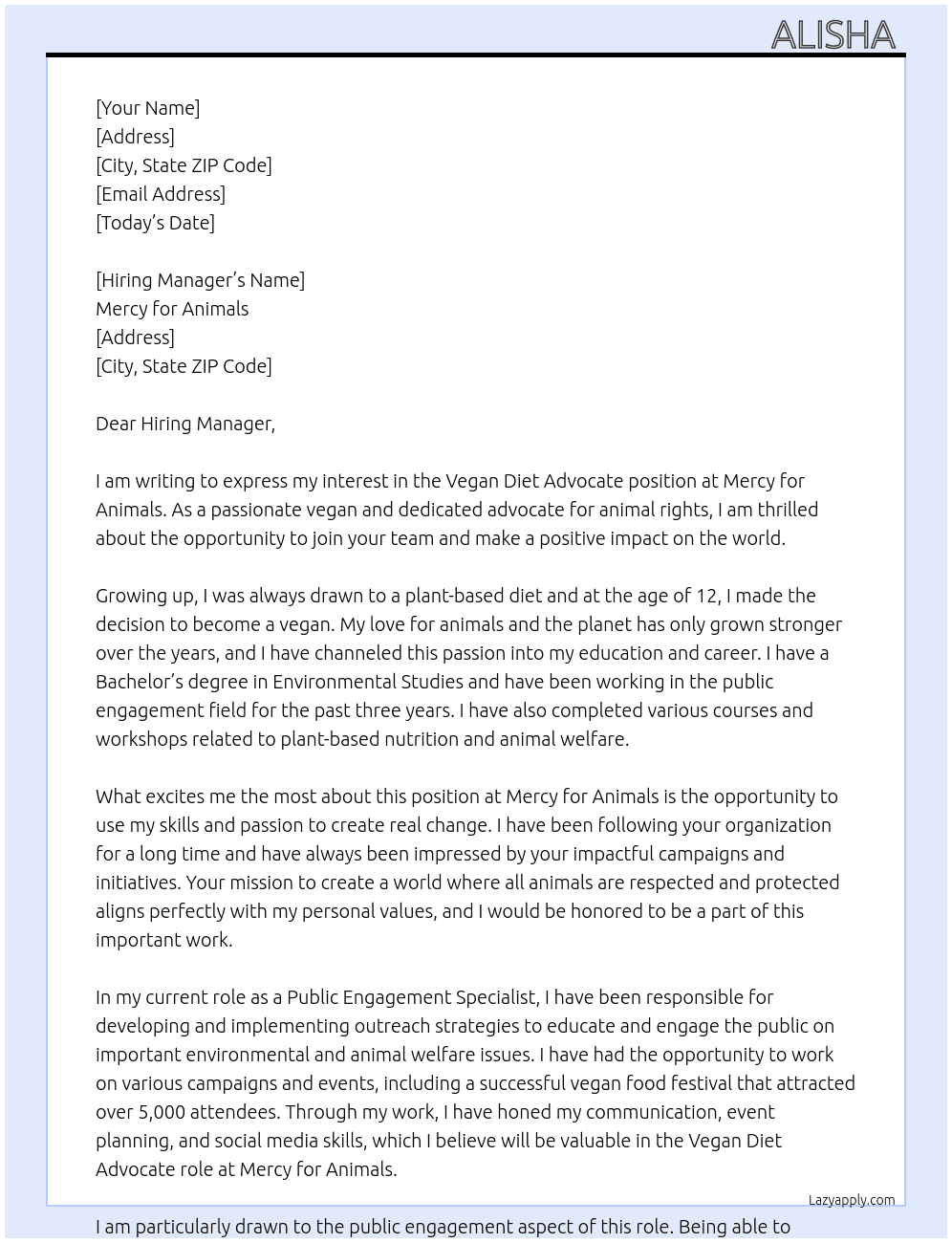 Vegan diet advocate  At Mercy for Animals  Cover Letter