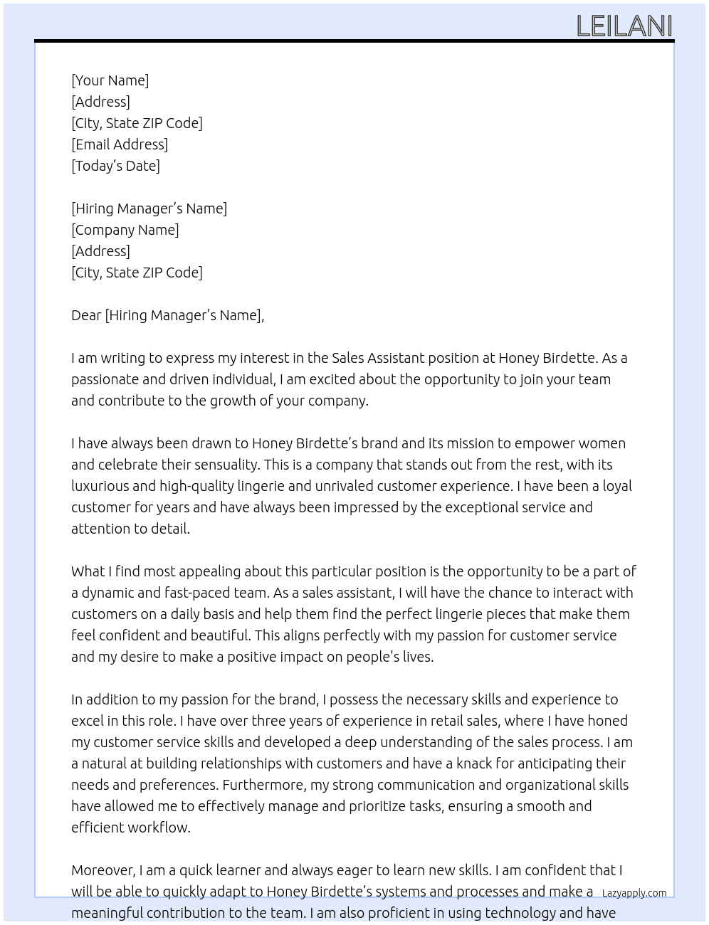 Sales assistant  At Honey birdette Cover Letter