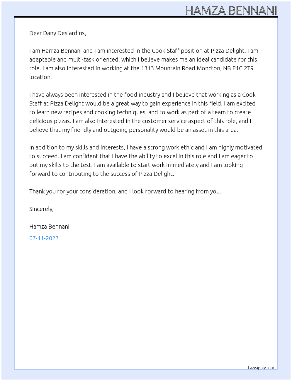 Cook Staff At Pizza Delight Cover Letter