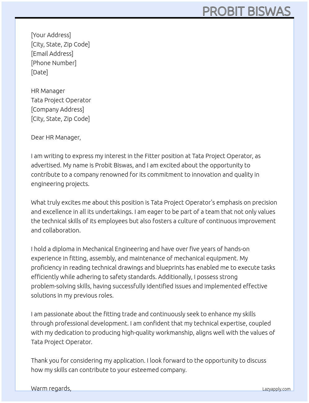 fitter At tata project operator  Cover Letter