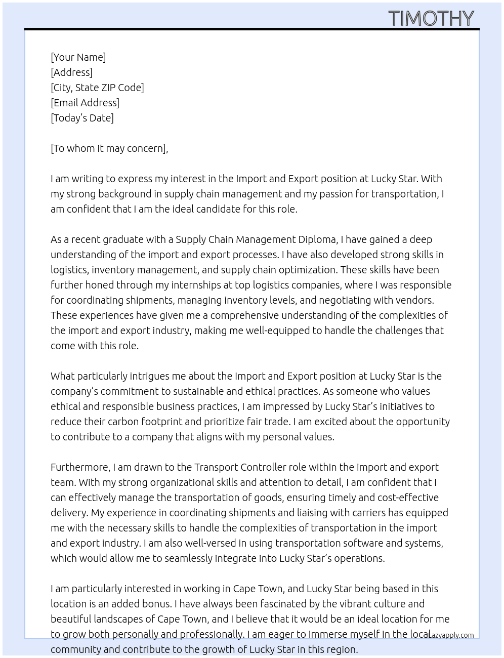 Import and export At Lucky star Cover Letter