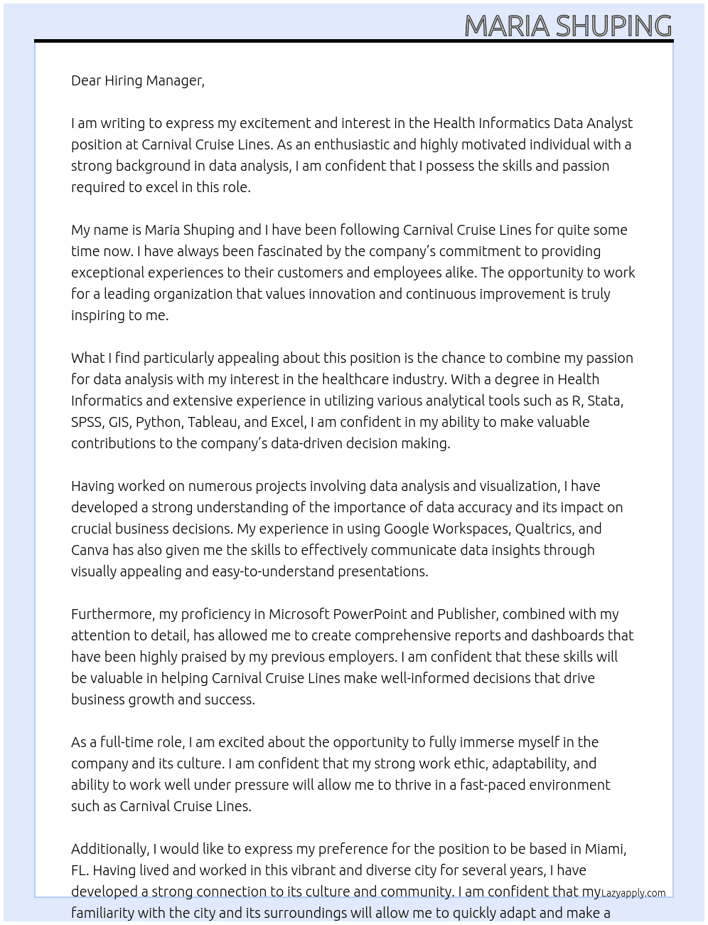 Health Informatics Data Analyst At Carnival Cruise Lines Cover Letter