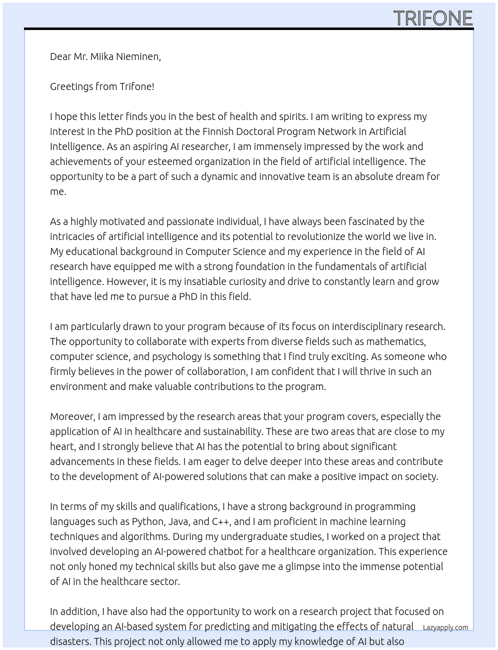 PhD application At Finnish Doctoral Program Network in Artificial Intelligence Cover Letter