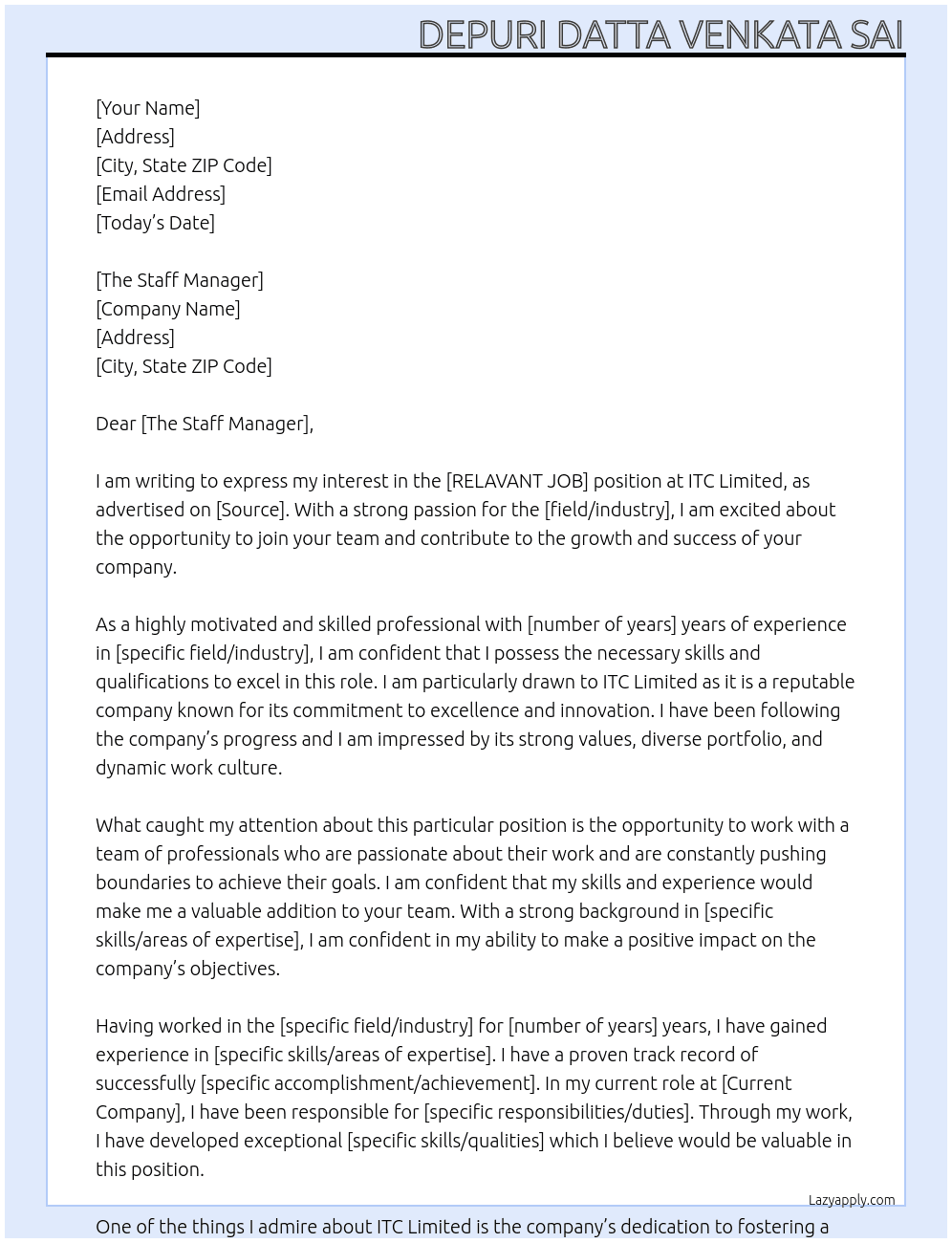 RELAVANT JOB At ITC Limited Cover Letter