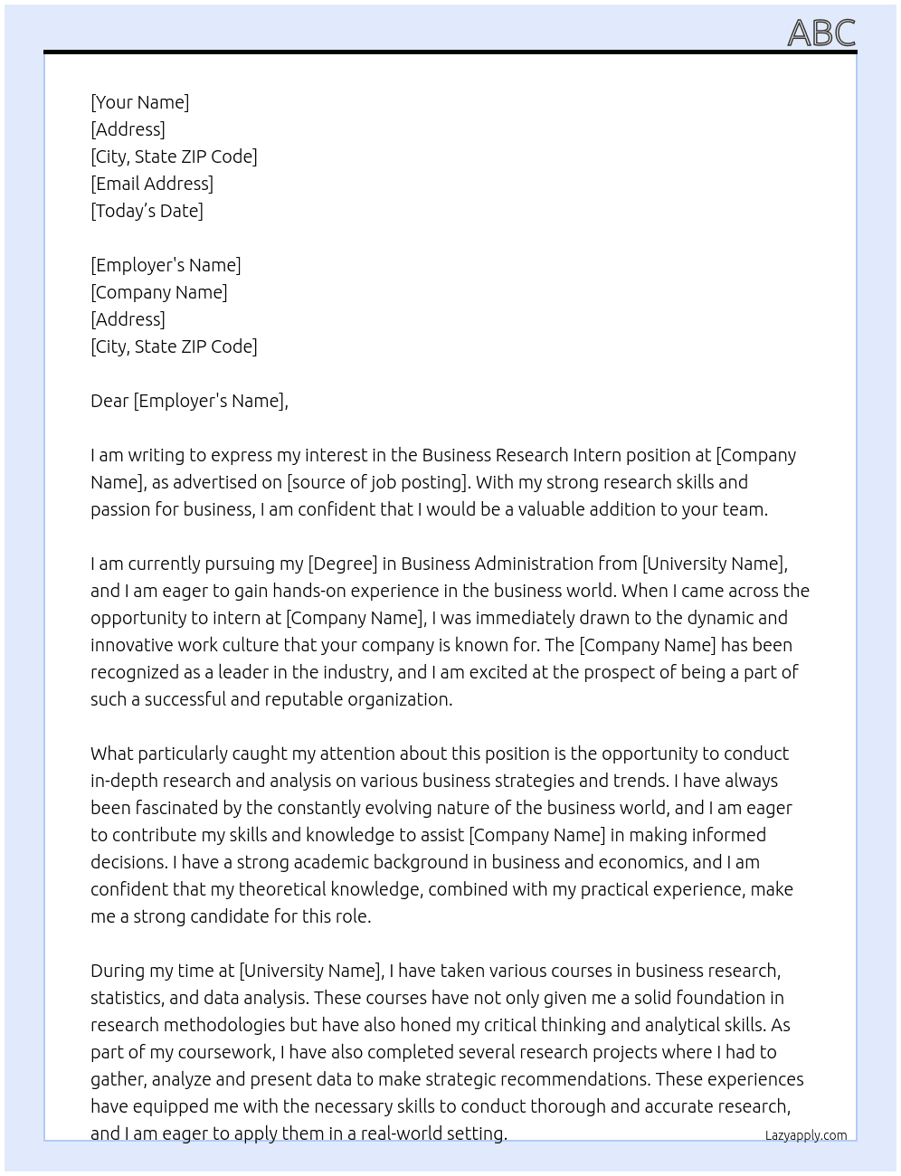 Business Research Intern At xxc Cover Letter