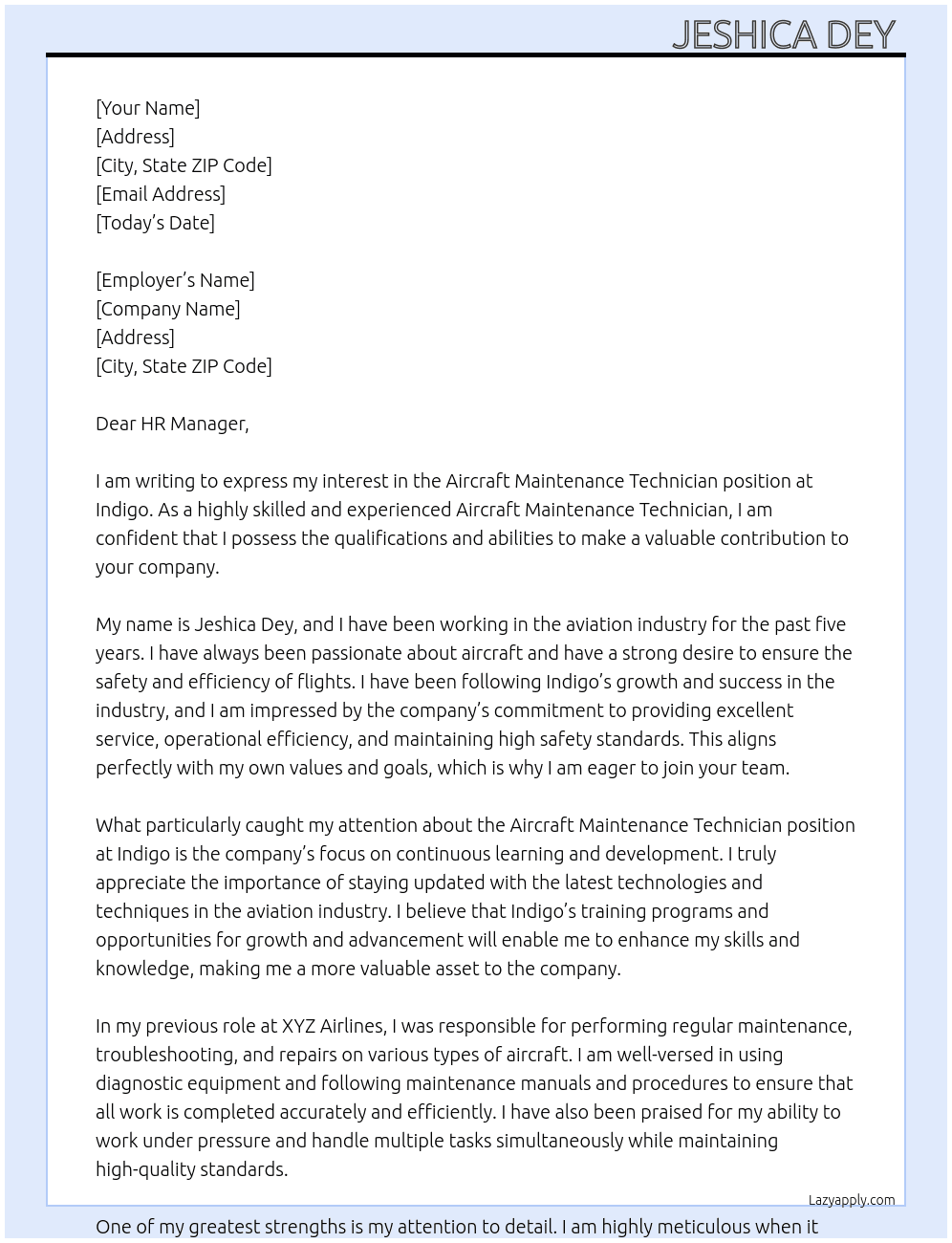 Aircraft Maintenance Technician  At Indigo Cover Letter