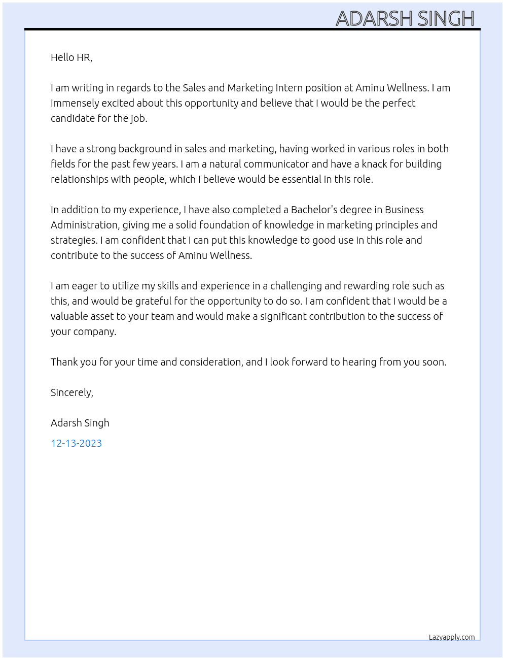 Sales and Marketing Intern  At Aminu Wellness  Cover Letter