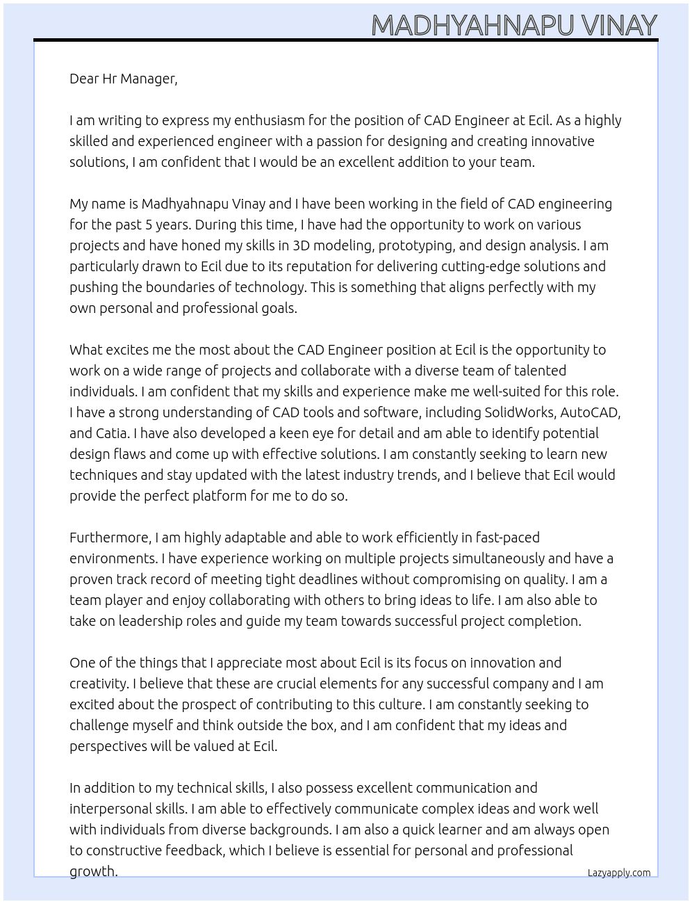 CAD engineer At Ecil Cover Letter