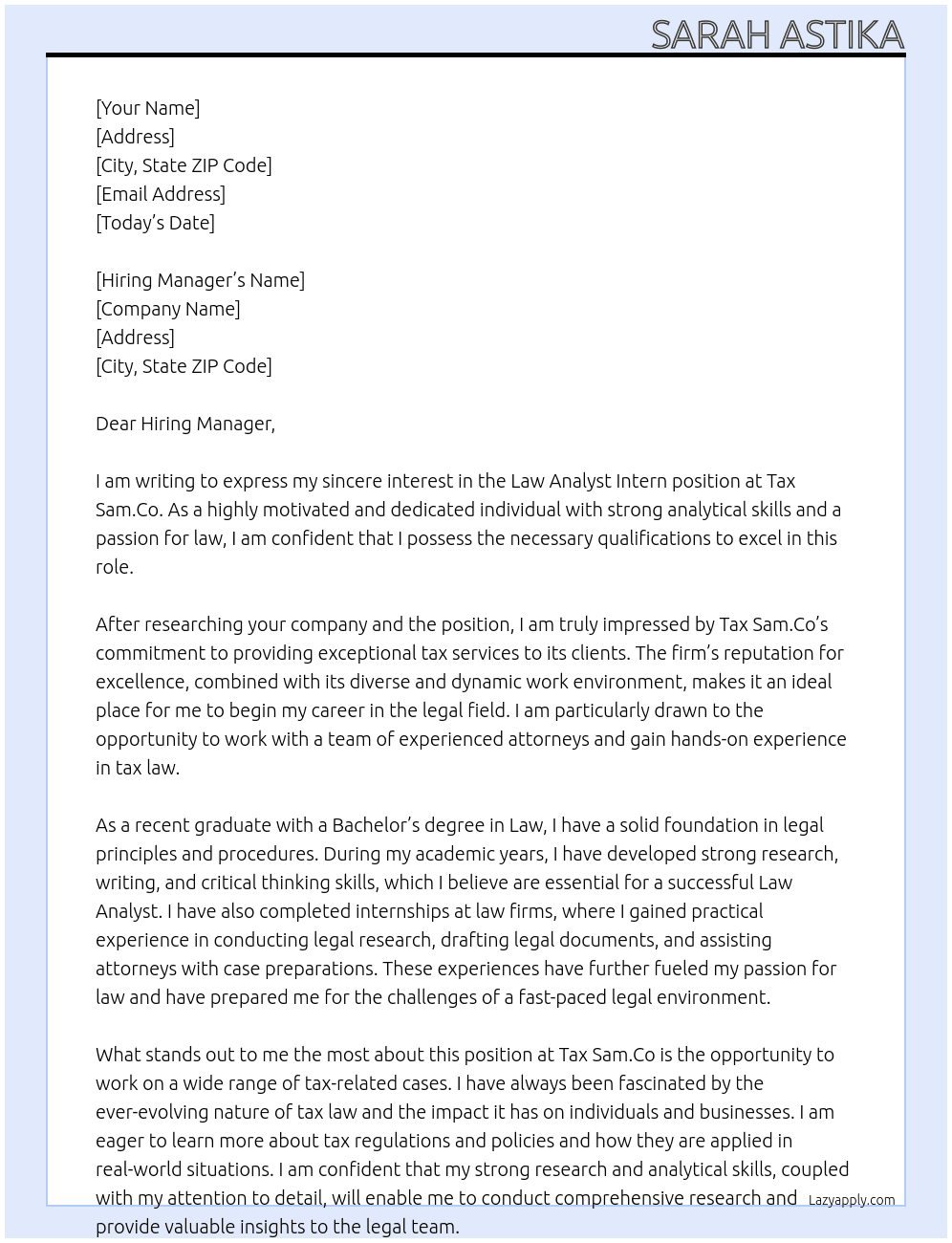 Law Analyst Intern At Tax Sam.Co Cover Letter