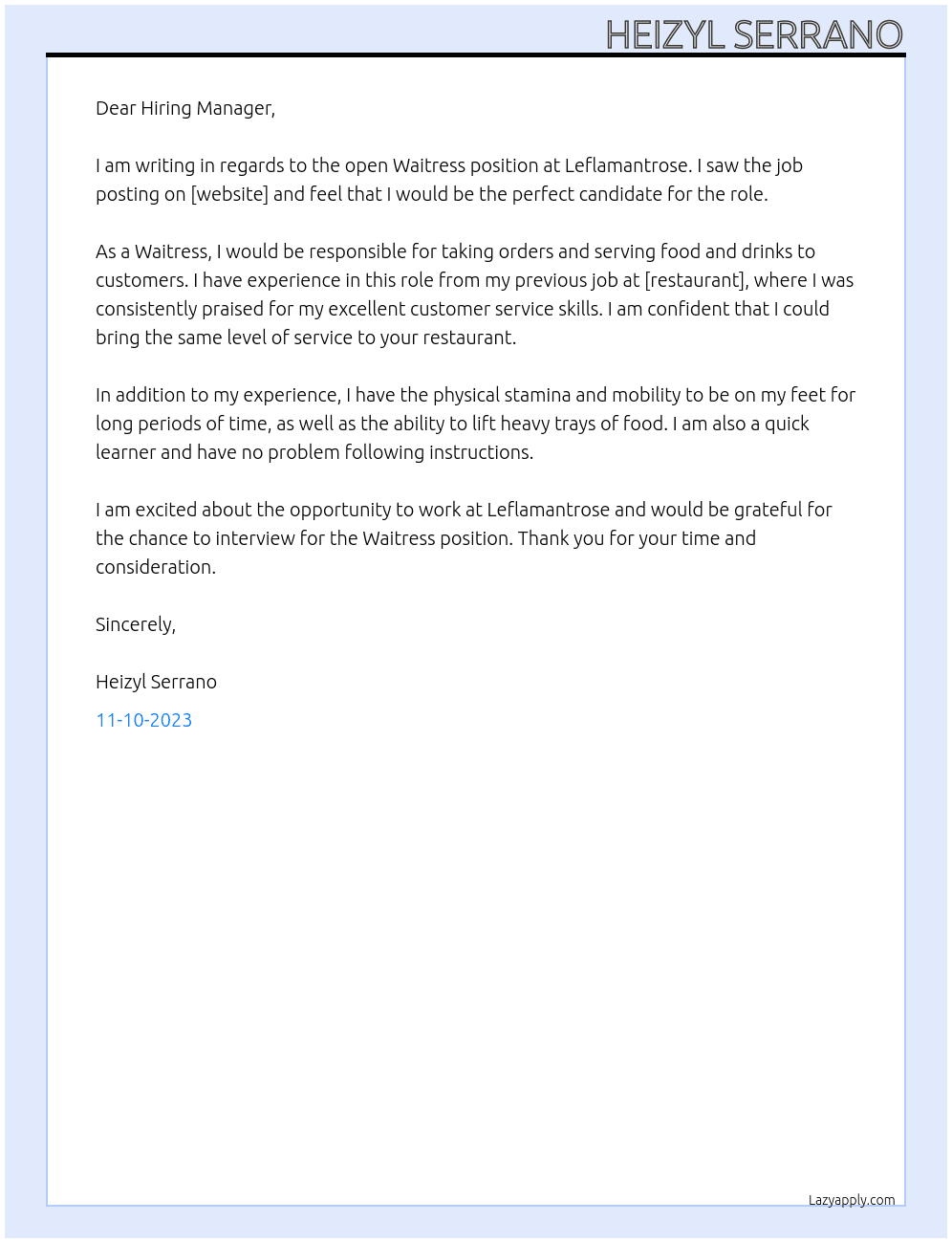 Waitress  At Leflamantrose Cover Letter