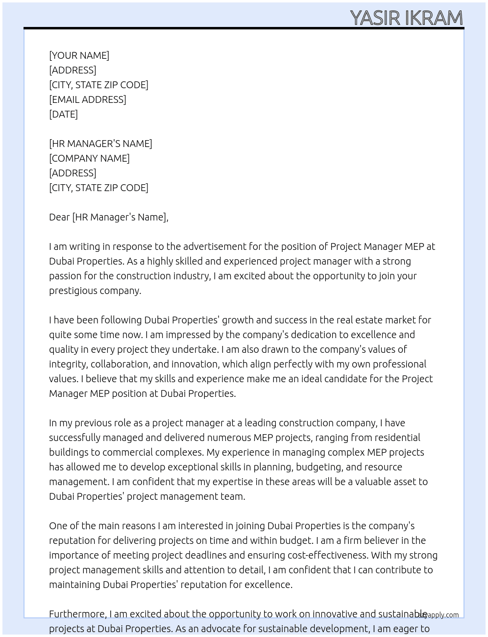 Project Manager MEP At Dubai Properties Cover Letter