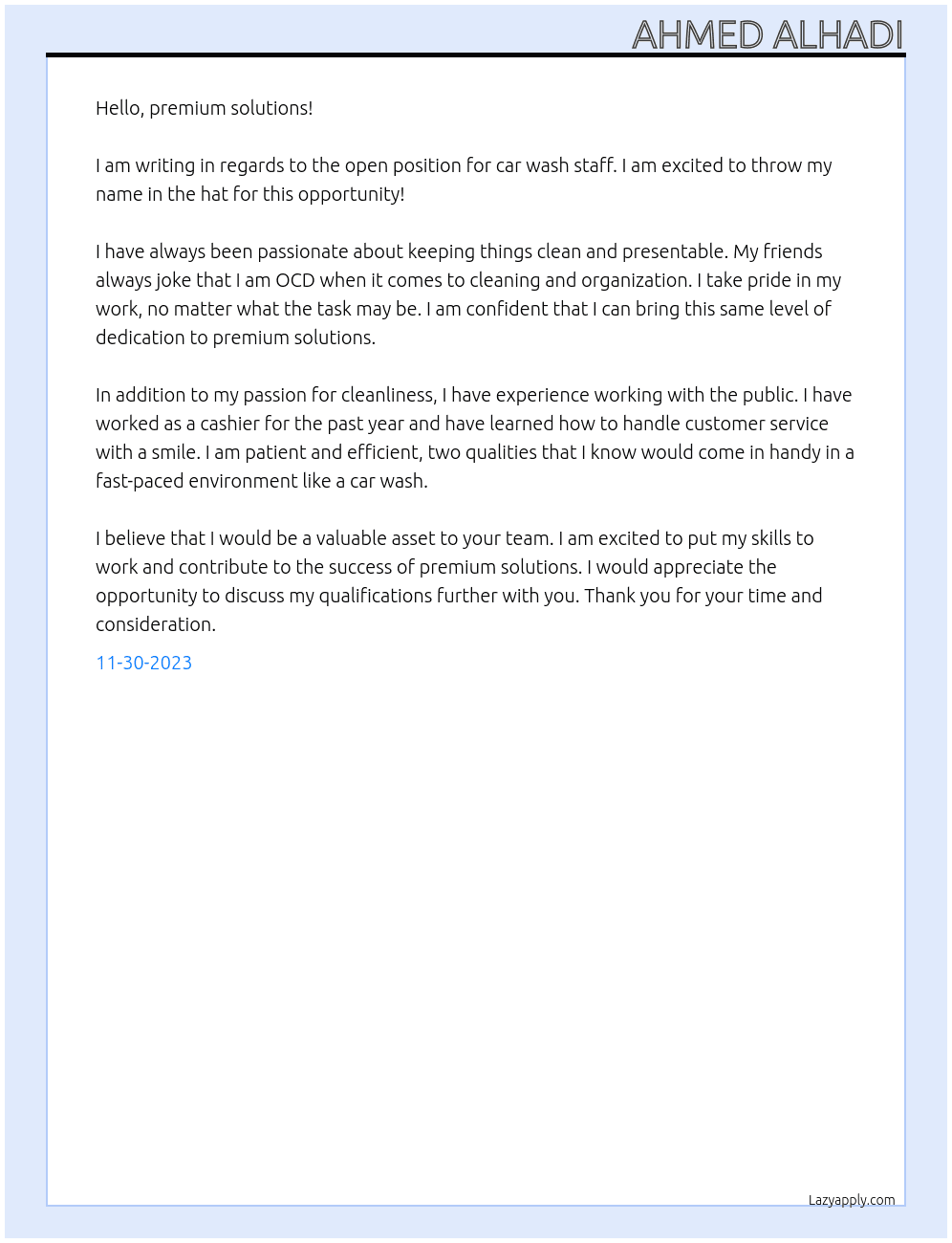 Car Wash Staff At premium solutions Cover Letter