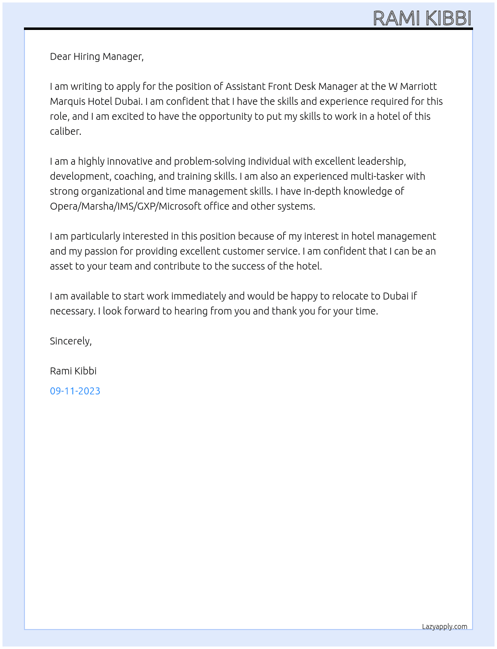 Assistant Front Desk Manager At W Marriott Marquis Hotel Dubai Cover Letter