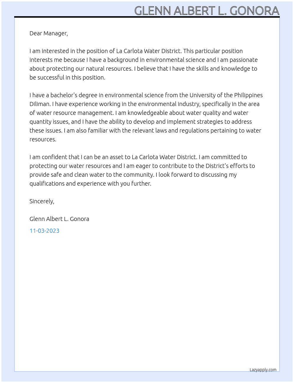 La Carlota Water District At La Carlota Water District Cover Letter