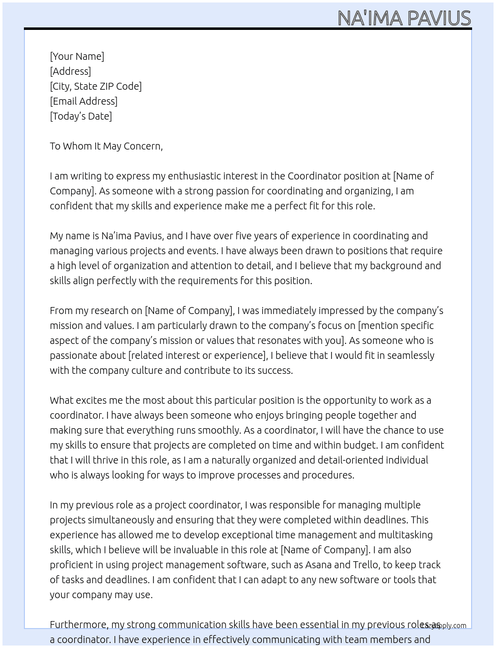 coordinator At No Job Cover Letter