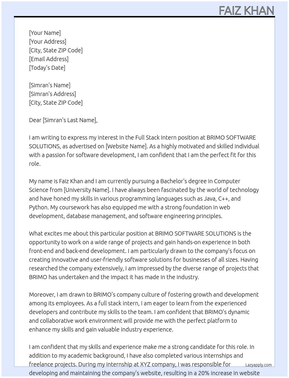 Full stack intern  At  BRIMO SOFTWARE  SOLUTIONS Cover Letter