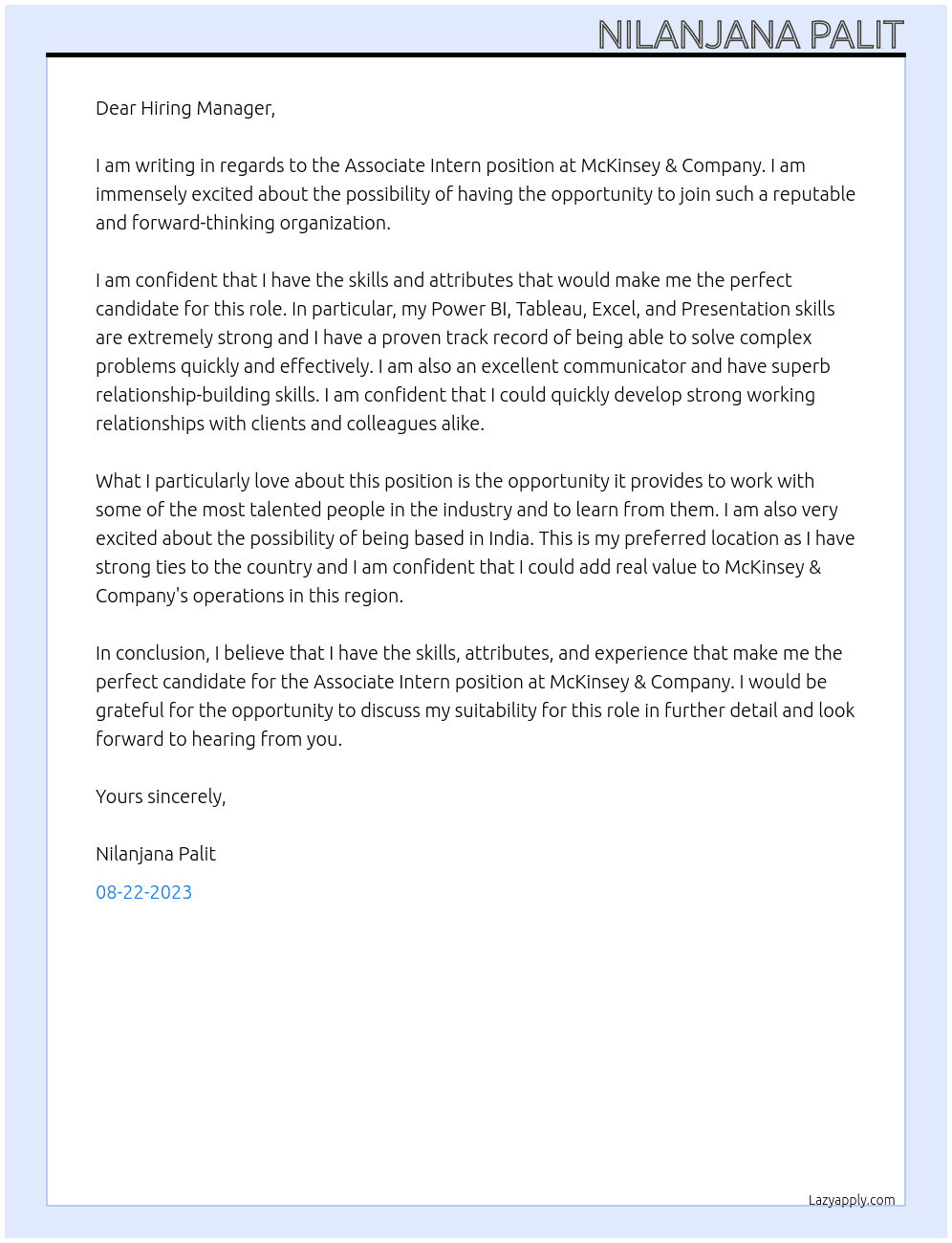 Associate Intern At McKinsey & Company Cover Letter