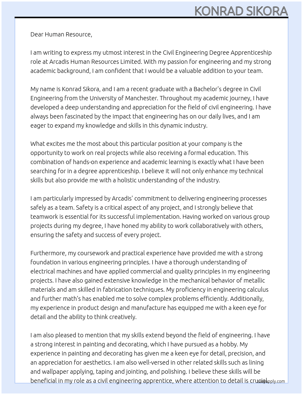 Civil Engineering Degree Apprenticeship At Arcadis Human Resources Limited Cover Letter